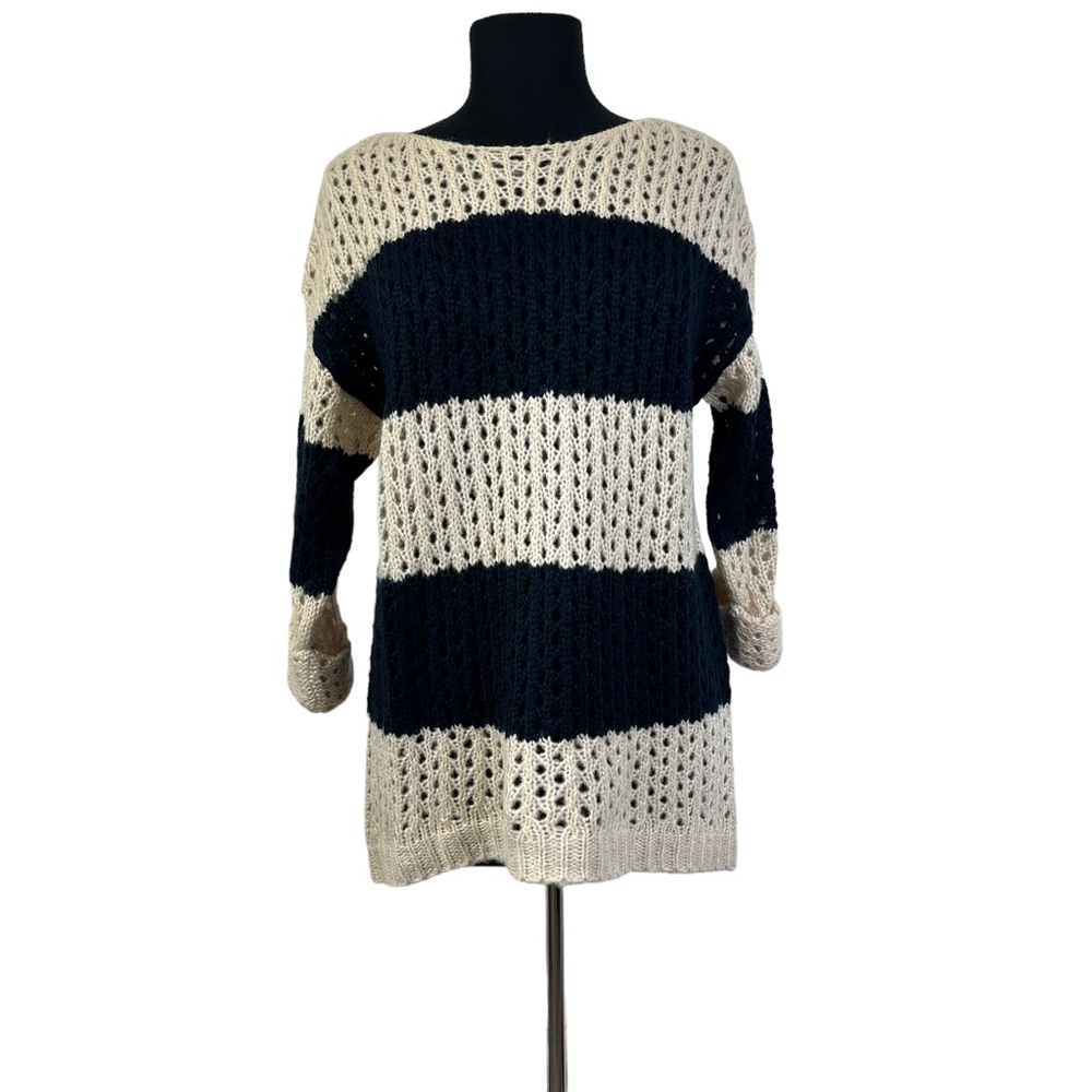 Olivia Sky Sweater Navy Blue Beige Color Block Stripes M 3/4 Sleeve